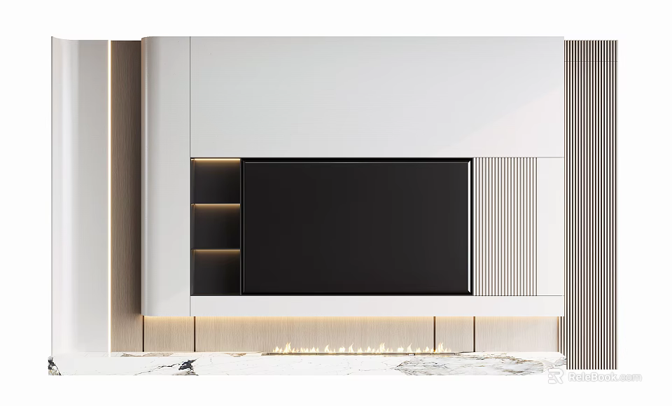 Modern TV Background Wall with White Panel Black Screen Lighting Strips and Marble Base 3d model