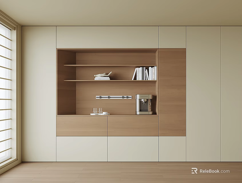 Modern Minimalist Dining Room Sideboard With Wooden White Panels Open Shelves And Coffee Machine 3d model 