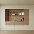 Modern Minimalist Dining Room Sideboard With Wooden White Panels Open Shelves And Coffee Machine