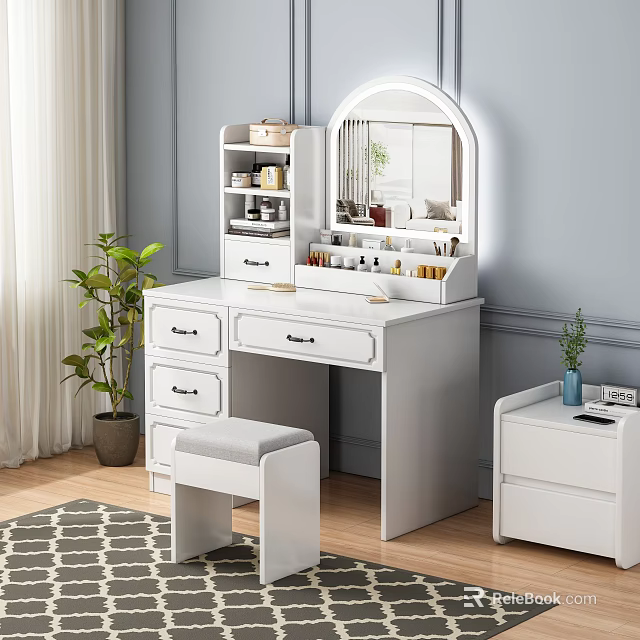 Minimalist White Dressing Table With Mirror Drawers Cosmetic Storage And Stool 3d model 