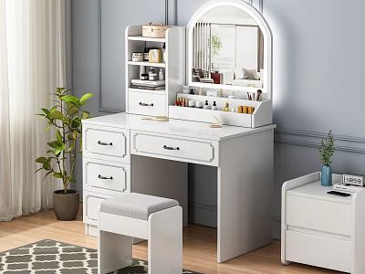 Minimalist White Dressing Table With Mirror Drawers Cosmetic Storage And Stool 3d model