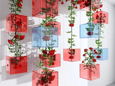 Artistic Decoration Of Red Roses In Hanging Colorful Transparent Cubes 3d model