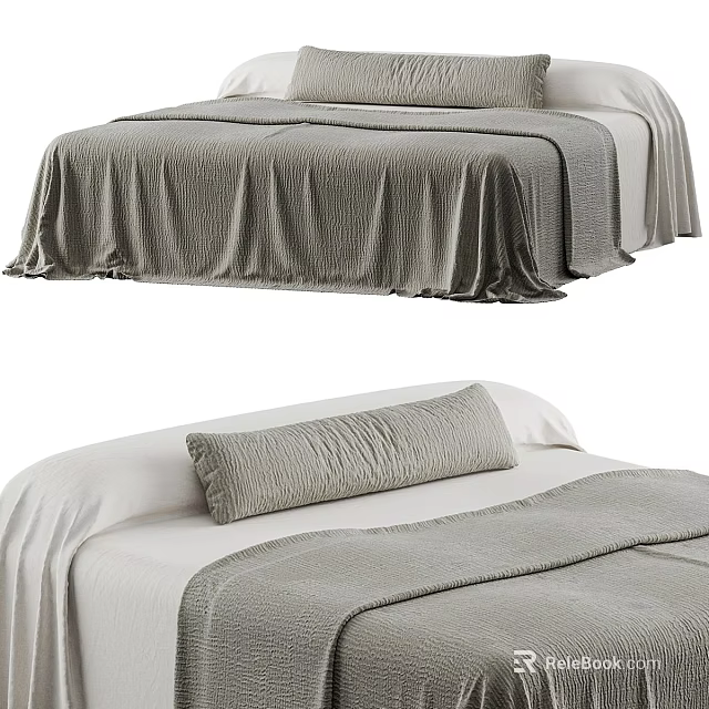Double Bed with Gray Quilt Pillow Soft Bedding and Modern Design 3d model 
