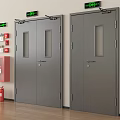 Fire Doors With Exit Signs And Fire Extinguisher In Building Corridor