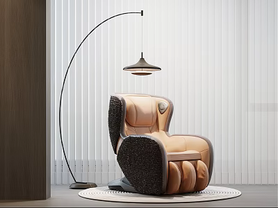 Elegant Modern Single Sofa With Plush Beige Upholstery And Arched Floor Lamp Against White Blinds 3d model