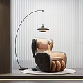 Elegant Modern Single Sofa With Plush Beige Upholstery And Arched Floor Lamp Against White Blinds