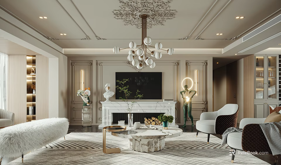 Elegant Modern Living and Dining Room with Chandelier Fireplace Marble Coffee Table Sofa 3d model 