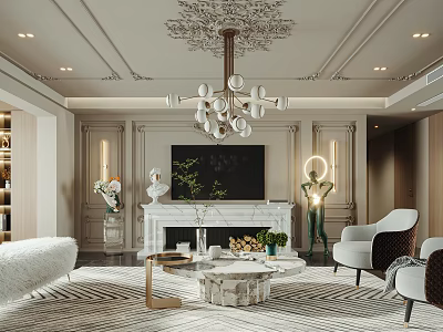Elegant Modern Living and Dining Room with Chandelier Fireplace Marble Coffee Table Sofa 3d model