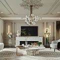 Elegant Modern Living and Dining Room with Chandelier Fireplace Marble Coffee Table Sofa