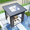 Traditional Chinese Pavilion With Black Frame Glass Roof Water Pool And Green Plants