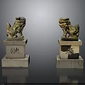 Traditional Carved Stone Lion Sculptures On Pedestals With Xian Feng Characters