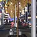 Vibrant Night Commercial Street With Street Lamps Neon Lights Outdoor Seating And Shop Signs