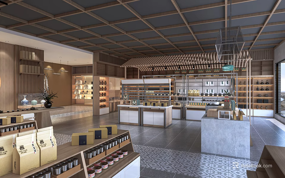 Modern Retail Store Interior With Wooden Ceiling Shelves Counters And Display Areas 3d model 