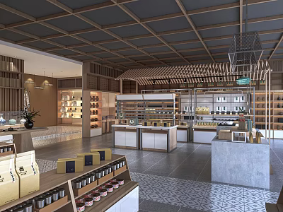 Modern Retail Store Interior With Wooden Ceiling Shelves Counters And Display Areas 3d model