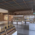 Modern Retail Store Interior With Wooden Ceiling Shelves Counters And Display Areas