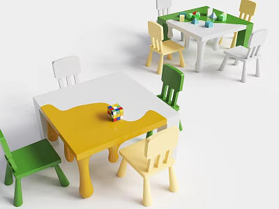 Colorful Kids Table and Chair Set with Yellow Green White Chairs and Building Blocks 3d model