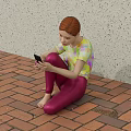 Red Haired Woman In Colorful Top And Purple Leggings Sitting On Brick Pavement Using Smartphone