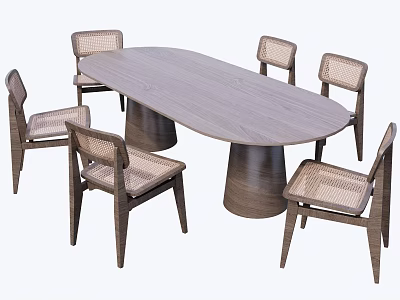 Modern Minimalist Oval Wooden Dining Set With Six Woven Seat Chairs And Solid Wood Legs 3d model