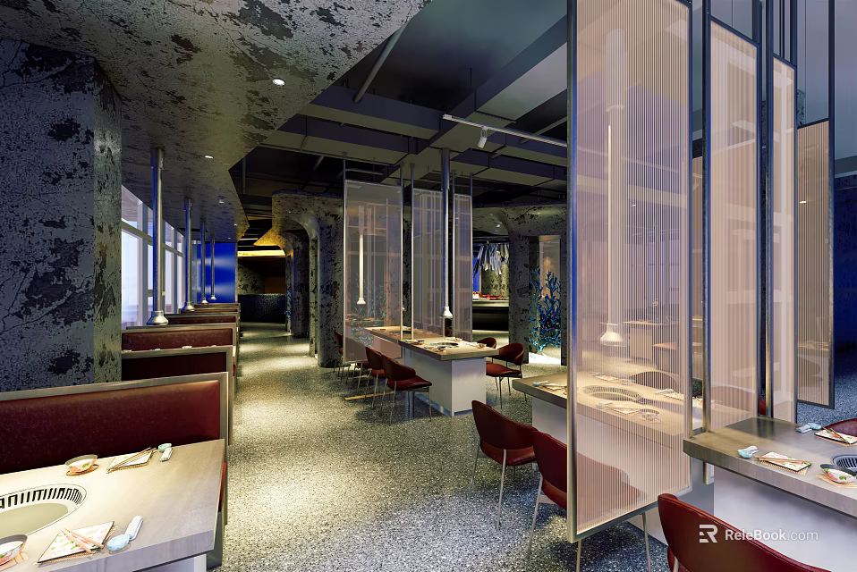 Elegant Modern Restaurant Interior With Open Partition Screens Red Seats Marble Tabletops And Gray Flooring 3d model 