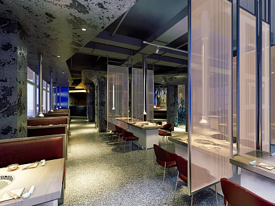 Elegant Modern Restaurant Interior With Open Partition Screens Red Seats Marble Tabletops And Gray Flooring 3d model