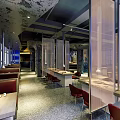 Elegant Modern Restaurant Interior With Open Partition Screens Red Seats Marble Tabletops And Gray Flooring