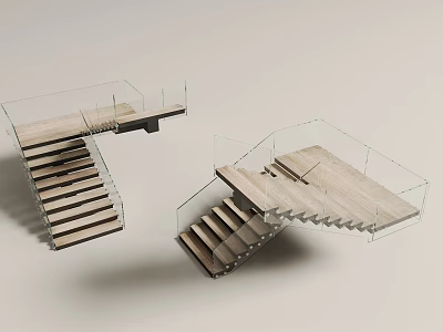 Modern Staircase Interior Design With Wooden Treads And Glass Railings 3d model