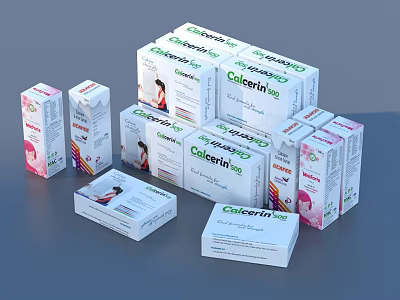 Various Health Care Product Boxes Including Calertin 100 With Colorful Packaging 3d model