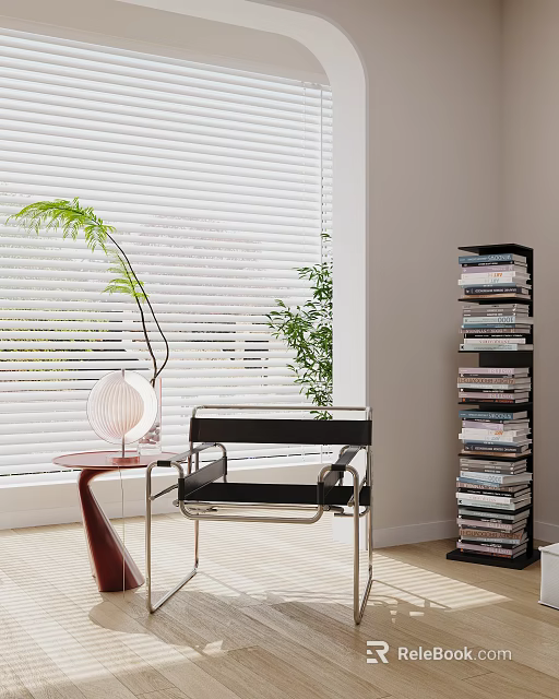 Modern Leisure Chair with Side Table White Blinds Green Plant Table Lamp and Book Shelf 3d model 