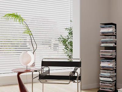 Modern Leisure Chair with Side Table White Blinds Green Plant Table Lamp and Book Shelf 3d model