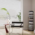 Modern Leisure Chair with Side Table White Blinds Green Plant Table Lamp and Book Shelf