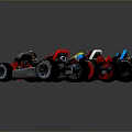 Three Colorful Karts Blue Red and Red White On Gray Background With Clear Reflections