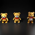 Three Yellow Teddy Bear Dolls With Red Bows Standing On 3d model