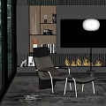 Modern Living Room Featuring Comfortable Recliner Chair Ottoman Near Fireplace Floor Lamp and Bookshelves