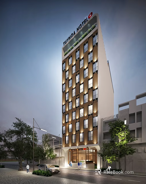 Modern Hotel Building With Tall Structure Illuminated Windows And Surrounding Trees 3d model
