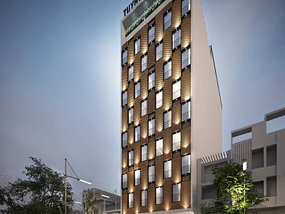 Modern Hotel Building With Tall Structure Illuminated Windows And Surrounding Trees 3d model