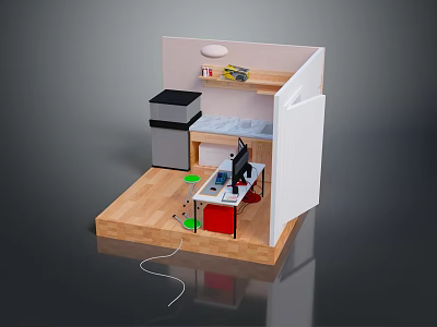 Compact Kitchen Interior With White Cabinet Wooden Floor Countertop And Black Appliance 3d model
