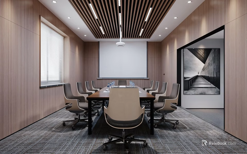 Modern Conference Room Interior Design With Wooden Walls Conference Table White Projection Screen And Chairs 3d model 