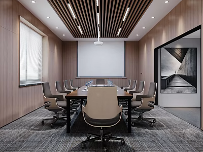 Modern Conference Room Interior Design With Wooden Walls Conference Table White Projection Screen And Chairs 3d model