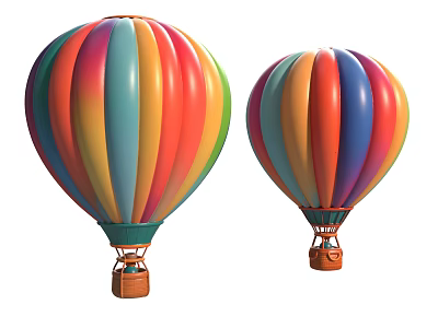 Two Colorful Striped Hot Air Balloons With Vibrant Hues And Baskets 3d model