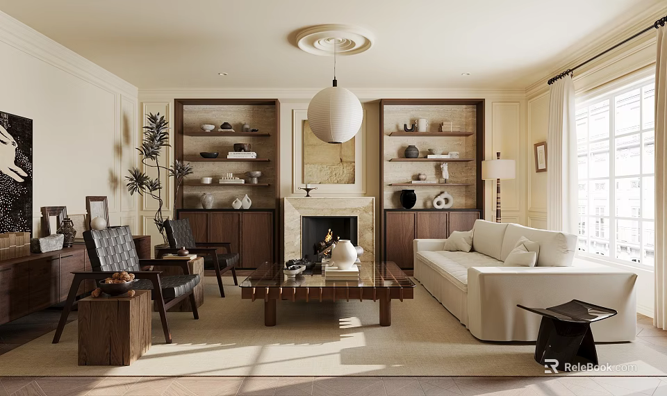 Elegant Living Room Interior Featuring Fireplace Sofa Decorative Shelves Pendant Light And Armchairs 3d model 