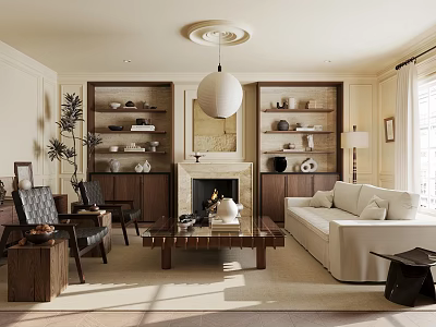 Elegant Living Room Interior Featuring Fireplace Sofa Decorative Shelves Pendant Light And Armchairs 3d model