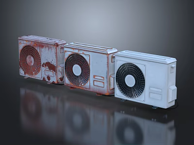 Three Air Conditioner Fans Arranged From Left To Right As Rusty Red Rusted White And Clean White 3d model