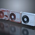 Three Air Conditioner Fans Arranged From Left To Right As Rusty Red Rusted White And Clean White