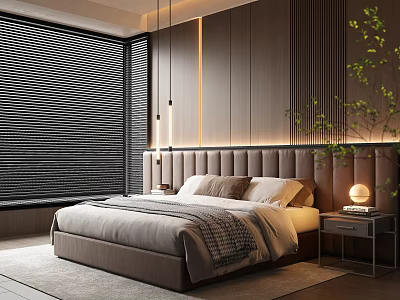 Modern Bedroom With Upholstered Headboard Wooden Wall Panels Dark Blinds Table Lamp And Potted Plant 3d model