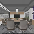Modern Conference Room Interior With Long Wooden Table Leather Chairs Purple Accent Wall And Natural Light