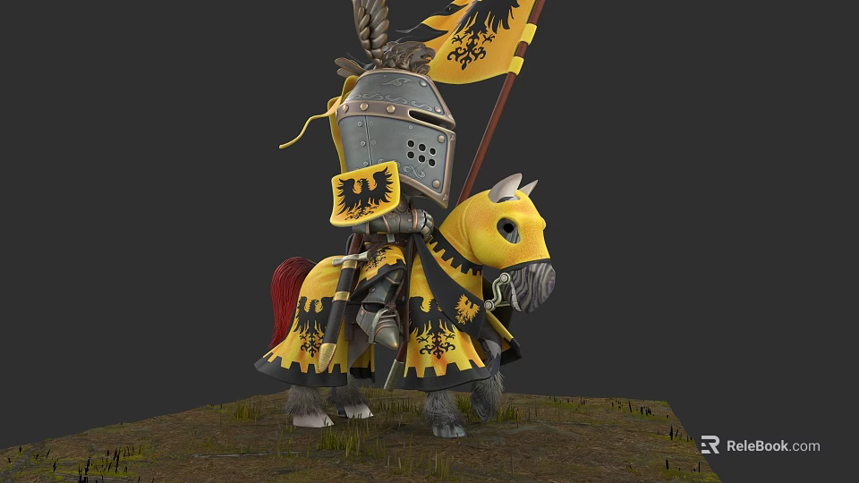 Knight Doll In Armor Riding Horse With Yellow Black Decorations On Grassland 3d model 