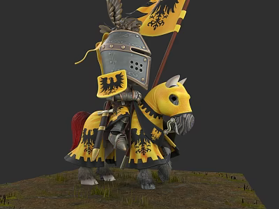 Knight Doll In Armor Riding Horse With Yellow Black Decorations On Grassland 3d model