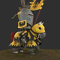 Knight Doll In Armor Riding Horse With Yellow Black Decorations On Grassland