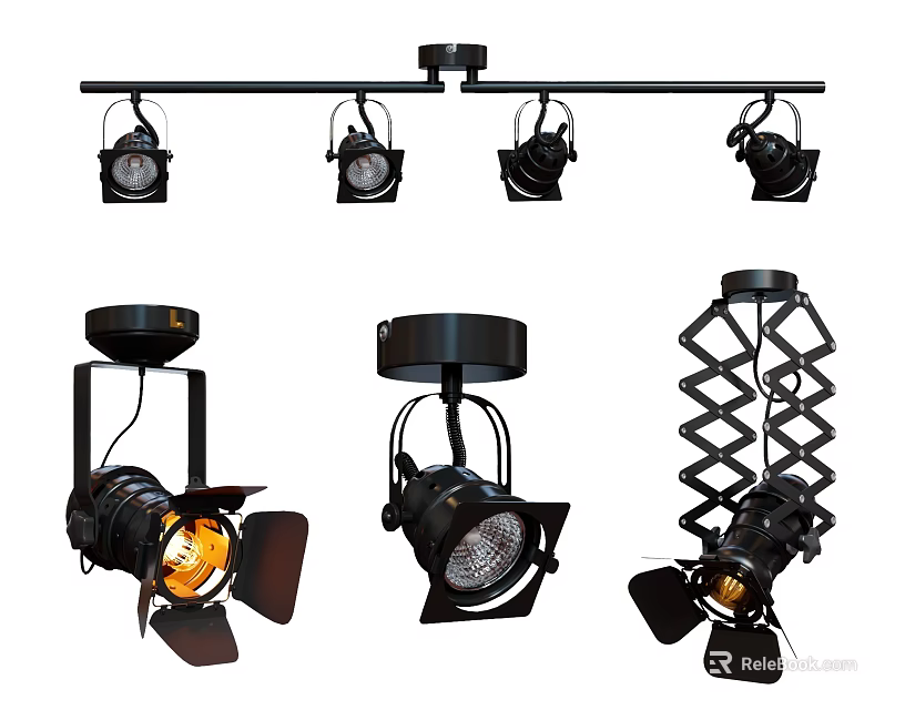 Modern Black Decorative Lights Including Track Mounted And Adjustable Spotlight Designs 3d model