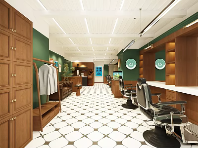 Vintage Style Beauty Hair Salon Interior Design With Warm Wood Decorations And Comfortable Barber Chairs 3d model